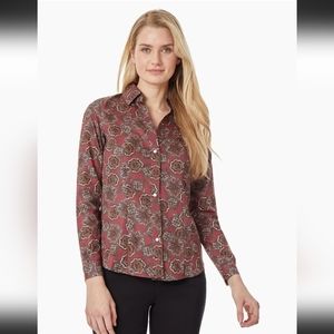 Y-Neck Button-Front Easy-Care Cotton Blouse